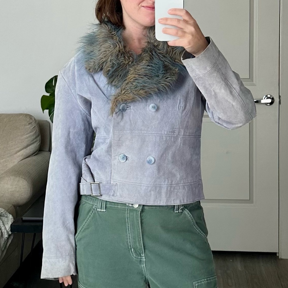 Outbrook Faux Fur Collar Belted Vintage Dusty Periwinkle Suede Jacket - Picture 9 of 10